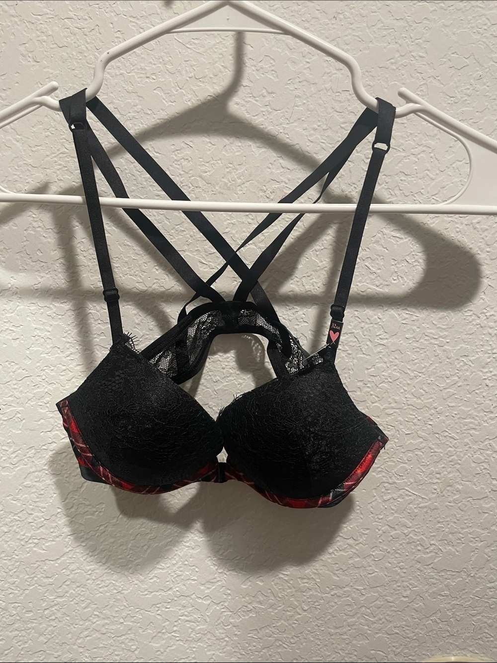 Victoria's Secret Black Lace Bra with Red Trim and Crisscross Straps